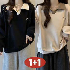 오스틱니(완전 편한) 100kg까지 빅사이즈 1+1 여성 봄가을 초특가 날씬해 보이는 셔츠 넥 디자인 감각 외출용 간절기 긴팔 맨투맨