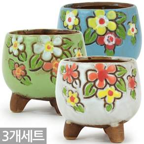 세인화분 꽃그림 세라믹 원형 화분 3P - 다육 다육이 세트 콩분 콩다육 선인장 미니 소형 빈티지 수제 홈카페 사무실 거실화분 예쁜화분 가드닝 소품, 꽃무늬화분_C타입, 3개