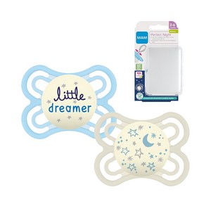 MAM 퍼펙트나이트 실리콘 쪽쪽이 2p+간편세척 케이스 블루 아이보리, 2-6개월, 1세트