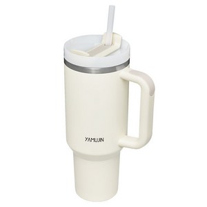 야무진 메가머그 대용량 손잡이 빨대 스텐 텀블러, 크림화이트, 1.2L, 1개