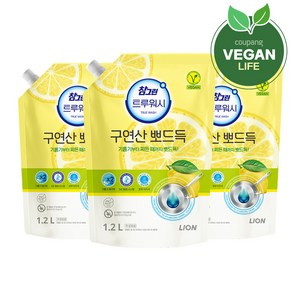 참그린 트루워시 구연산 뽀드득 주방세제 레몬향 리필, 1.2L, 3개