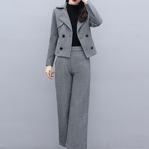 아뗄릭 헤링본 더블버튼 자켓 와이드 팬츠 투피스 세트 01344