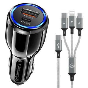디지지 38W USB / PD 듀얼포트 시거잭 + 3 in 1 C타입-멀티단자 PD 스카이메타C 고속케이블 2m 세트, D23-0721, 시거잭(블랙), 케이블(메탈실버)