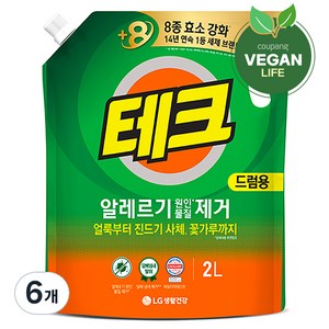 테크 알레르기 원인물질 제거 드럼용 액상세제 리필, 2L, 6개