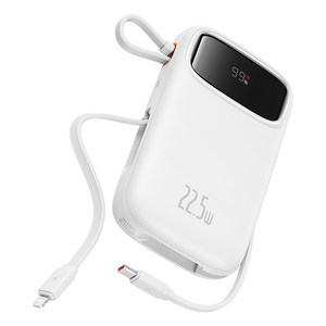 베이스어스 Qpow2 PD지원 22.5W 고속충전 잔량표시 듀얼케이블 일체형 보조배터리 10000mAh 8핀 / C타입, PPQD3-10, 화이트