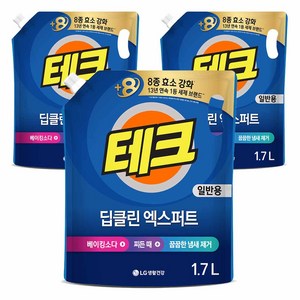 테크 딥클린 실내건조 액체세제 일반 리필, 1.7L, 3개