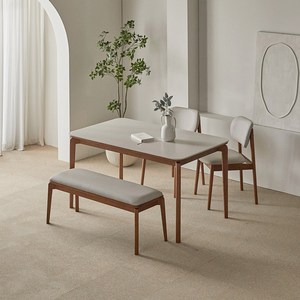 리샤르 원목식탁 1400 + C리샤르 의자 2P + 리샤르 벤치 방문설치, 식탁(월넛 + 베이지), 의자,벤치(월넛 ), 일반 2 + 벤치 1