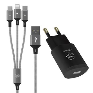 디지지 퀼컴 3.0 고속 충전 아답터 USB 1포트 18W + 3 IN 1 스카이 메타 멀티케이블 120cm, 블랙, 1개