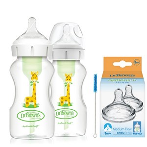 닥터브라운 데코 PP 젖병 와이드넥 + 2단계 젖꼭지 트윈팩, 화이트, 270ml, 1개