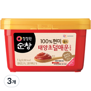 청정원순창 100% 현미 태양초 덜매운 고추장 골드, 1kg, 3개