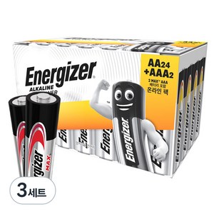 에너자이저 알카라인 건전지 파워 AA 24p + 맥스 AAA 2p, 26개입, 3개