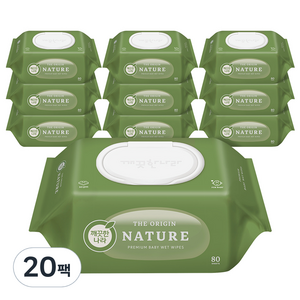 깨끗한나라 유아용 베이비 케어 디오리진 네이처 물티슈 캡형, 60g, 80개입, 20세트