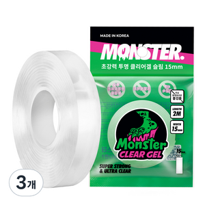 몬스터 클리어 겔 슬림 폭 좁은 초강력 나노 실리콘 양면테이프 15mm x 2m, 3개, 투명