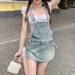 피어니스트 스트랩 벨트 데님 멜빵치마 미니 원피스