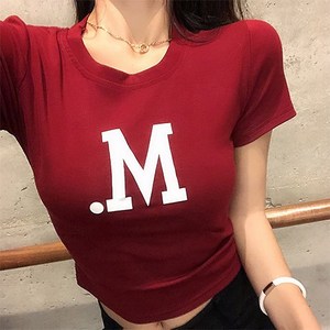 묘먀미 여성용 빅M 레터링 슬림핏 반팔 크롭티 MMM309