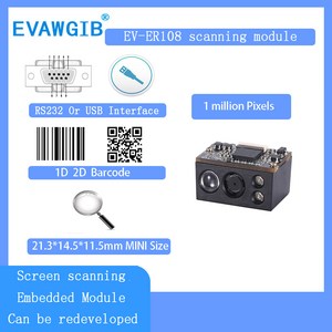 미니 사이즈 1차원 및 2차원 바코드 스캐너 모듈 임베디드 바코드 모듈 미니 임베디드 고속 바코드 리더 USB RS232 TTL 인터페이스 가능, EV-ER08 CCD 1D RS232, 1개
