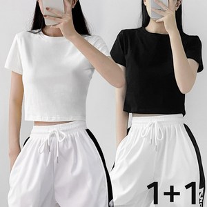 엠제이스타 [2pack 1+1]여성용 퓨어 베이직 라운드 무지 크롭 반팔티 스판 티셔츠