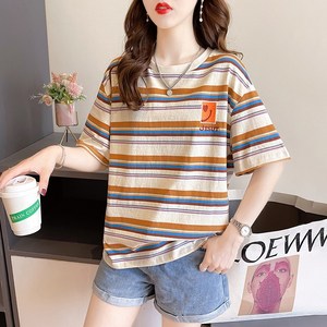 스타일아유 여성 여름 코튼 스트라이프 티셔츠 면 반팔 단가라 라운드 티셔츠
