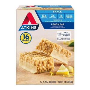 Atkins 캐러멜 초콜릿 너트 롤 스낵 바 단백질 스낵 섬유질 함량이 높음 설탕 2g 16개입 221505, 레몬 바, 1개