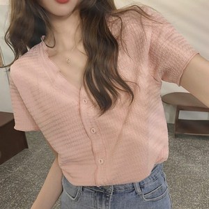 반팔 주름 크롭 가디건 기장 브이넥 여성 신축성