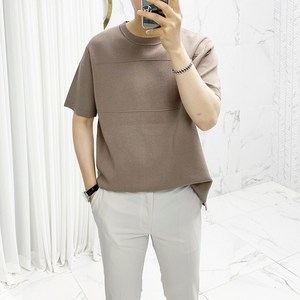 아도르클래식 남성용 데끼 절개 트임 라운드 니트 반팔 티셔츠