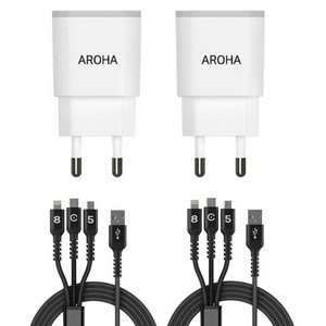국산 아로하 2.1A 2usb 휴대폰 멀티 충전기 갤럭시 아이폰 호환 1.2M 케이블 포함, 충전기2개+3IN1(5핀8핀C타입) 케이블2개