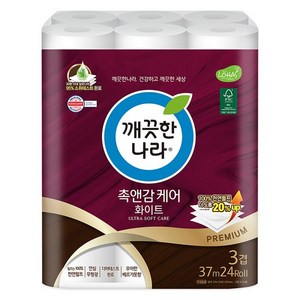 깨끗한나라 촉앤감 케어 화이트 천연펄프 화장지 37m, 24개입, 1개