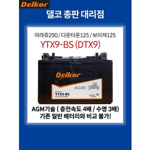 [델코공식대리점] YTX9-BS DTX9-BS AGM 배터리 8Ah 사이즈 151x87x106, 1개