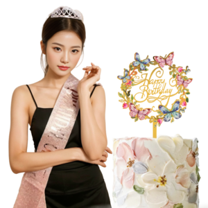 DEALOVER 생일파티 왕관 어깨띠 토퍼 공주세트, 1세트, 로즈골드