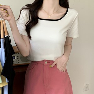 주디앤 여성 플로리 배색 면 반팔티