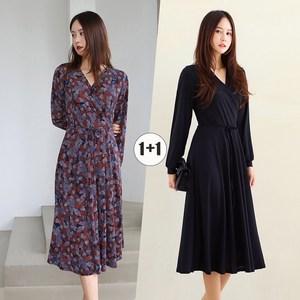 프롬코 [1+1] 여성 봄가을 블랙 플라워 저지 랩 롱 원피스 2종