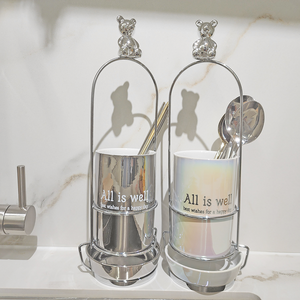 고급 물빠짐 도자기 스텐 주방 수저통, 1개, 실버