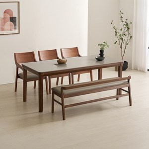 라로퍼니처 데이지 1400 1900 포세린 통 세라믹 4인 6인 참죽나무 원목 식탁 세트, 식탁+의자3+벤치1_그레이상판