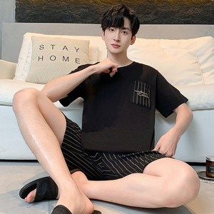 Wiseha 고급 순면 남자 잠옷 반팔 소프트 여름 라운지웨어 홈웨어 세트