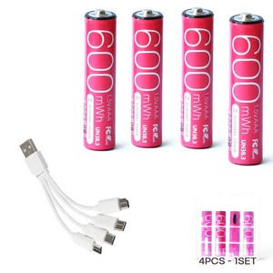 WINZONE USB C타입 충전 배터리 충전 건전지 AA / AAA타입 1.5V 17mAh / 400mAh 4P세트/동시충전 케이블/Li-ion, 1세트, 4개입