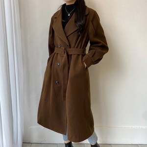 업쓰 여성 허리 벨트 겨울 트렌치 모직 소매 벌룬 오버핏 롱코트