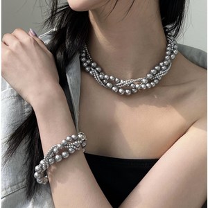 꼬임 화이트 실버그레이 4줄 진주 초커목걸이 Twist White Pearl Choker Necklace Silver 925