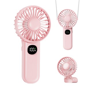 xigmer 미니 선풍기 LED 목걸이선풍기 접이식 손선풍기 휴대용 캠핑용 무선선풍기 5단 풍속, 핑크