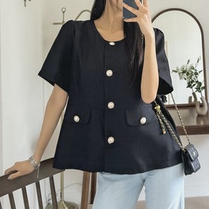 로로텐 트위드 노카라 반팔 자켓 라운드넥 여성 빅사이즈