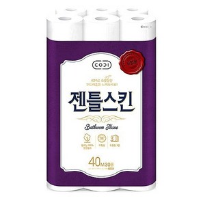 코디 젠틀스킨 40m*30롤 도톰하고 먼지 없는 무형광 천연펄프_nsmc 롤화장지, 40m, 30롤, 1개