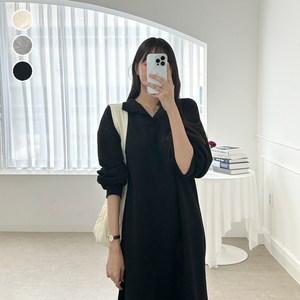 블레스유 여성 루즈핏 오픈 카라 긴팔 롱 원피스 봄 가을 겨울 간절기 ~88사이즈