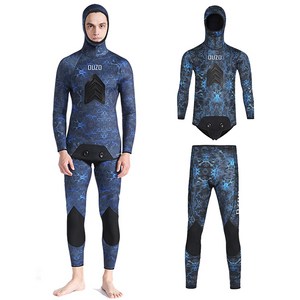 OUZO 오픈셀 프리다이빙슈트 남성 후드 웻슈트 투피스형 다이버슈트 3.5mm, 블루