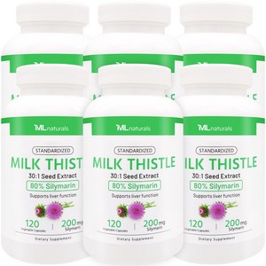 6병 [미국번개배송] 착한명품 신제품 마이라이프 내추럴스 표준화된 밀크씨슬 7500mg (실리마린 200mg) 120정(24개월), 120정, 6개
