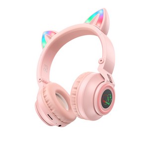 에스앤탑 고양이 귀 어린이 무선 초등 유아 키즈 블루투스 LED 헤드셋, 핑크