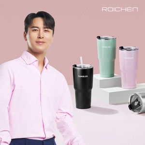 로이첸 결로없는 이중진공 보온 보냉 컬러 스텐 빨대 텀블러 600ml 1+1, 민트+핑크, 1개