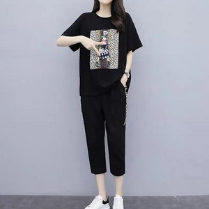 Hasvz여성 여름 트레이닝복 세트 빅사이즈 루즈핏 프린트 시크 반팔 7부 바지 투피스DM027