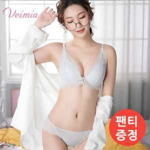 Veimia 노와이어 브라 팬티 세트 레이스 볼륨 앞후크 브라 팬티 세트