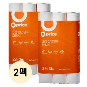 오프라이스 3겹 펄프 화장지 27m 36롤 2팩, 36개입, 2개