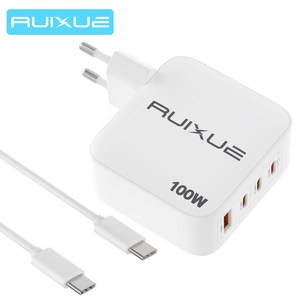 RUIXUE C 타입 고속 충전기 4포트 100W GaN 초고속충전기 호환 삼성 S24 S25 A15 SAMSUNG 노트북 Tab 아이폰16 15 아이패드 1m C to C 케이블, 1개, 100W 화이트