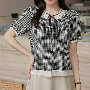 빌리즈빈 여성 라운드 레이스 체크무늬 블라우스 BS81